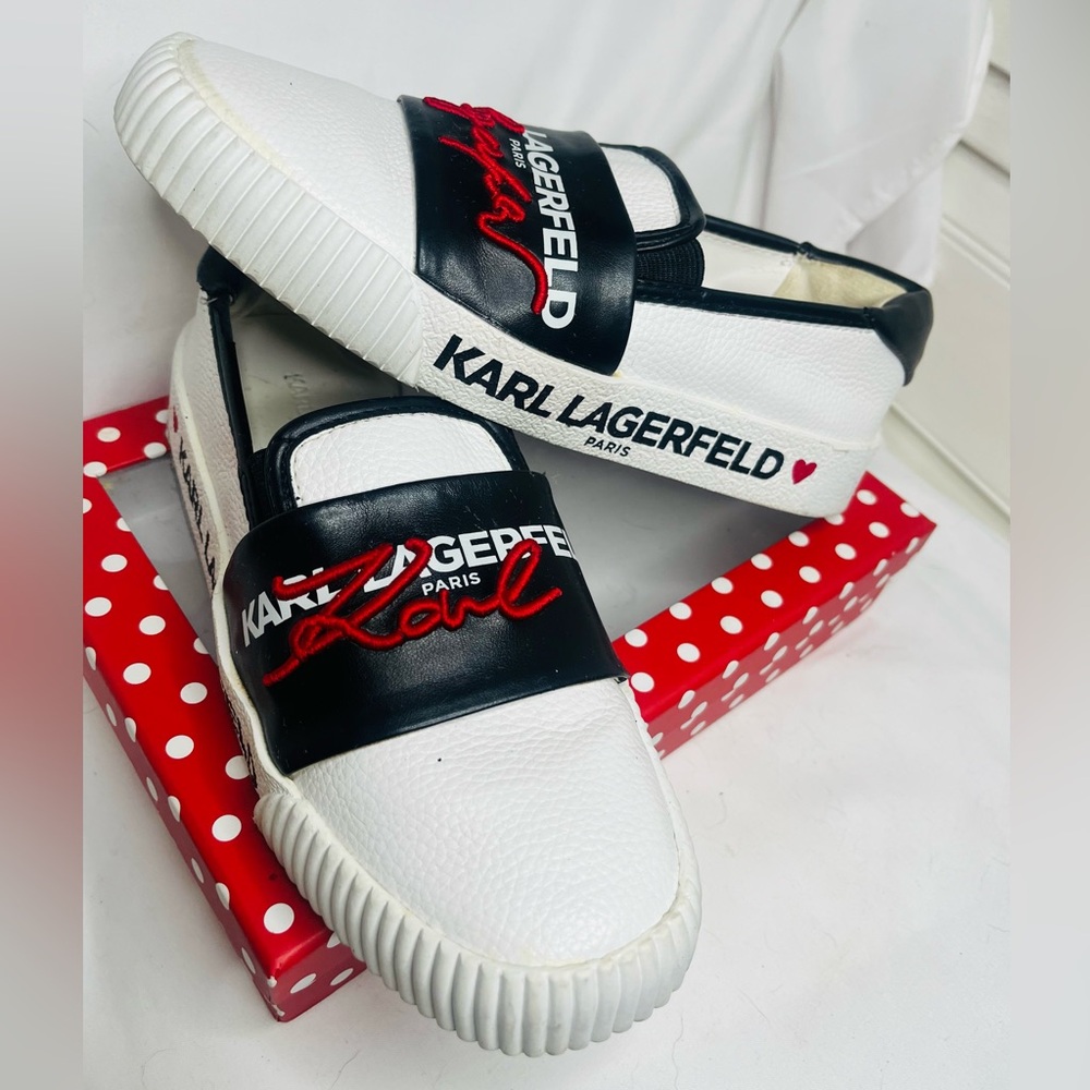 KARL LAGERFELD Black and White Paris style Slip-Ons with Red Detail